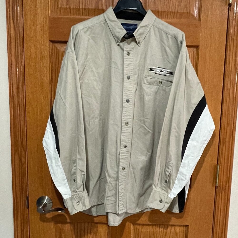 WRANGLER Men's XL Western Tan Black White Aztec Long Sleeve Button Down Shirt